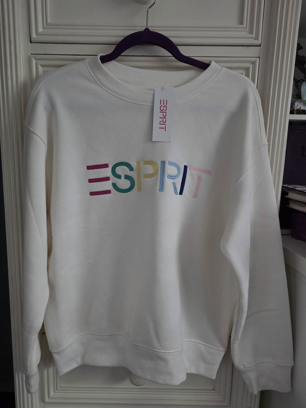 Esprit Cream/White Crewneck Sweatshirt with Multicolor Logo Size XS NWT